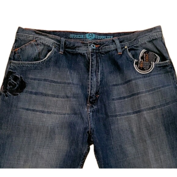 Vtg Phat Farm Jeans Mens 38x33 (32L) Blue Baggy Hop Hop Skater Logo Patches Y2K - Picture 2 of 16